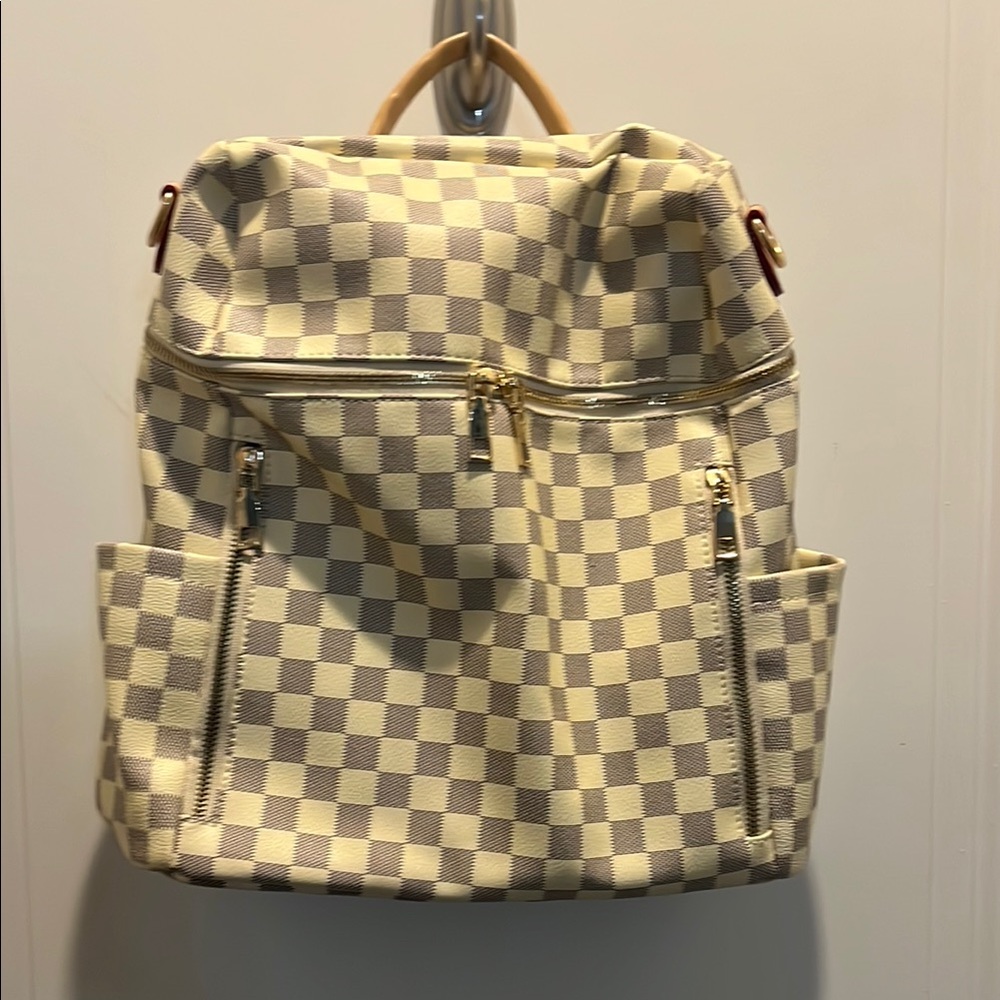 Checkered Backpack with Gold Accents
